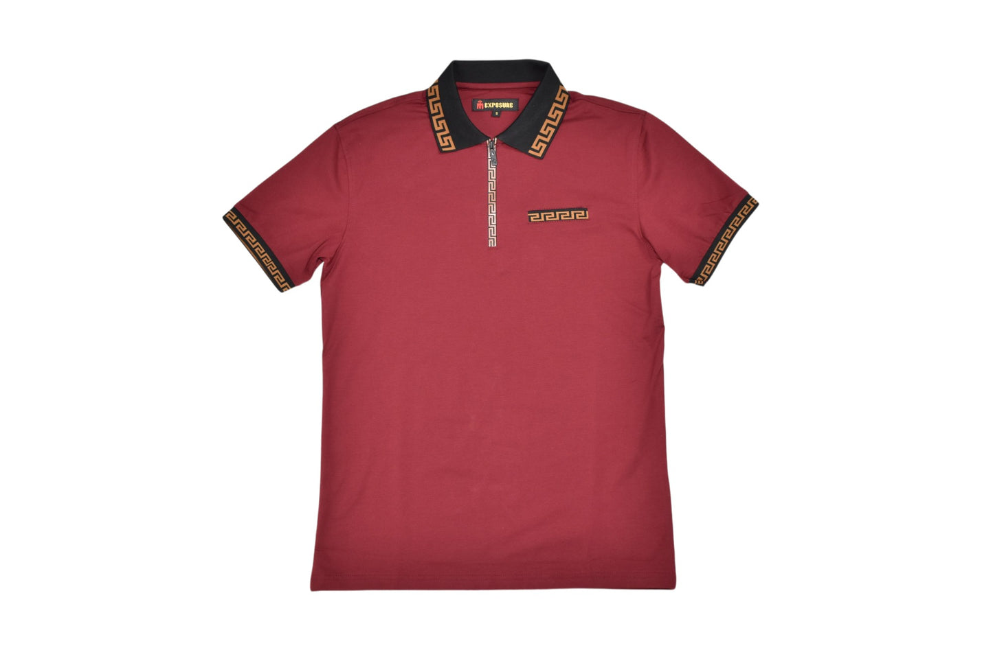 TM Exposure Greek Key Zip Polo Shirt — Burgundy | Men's Short Sleeve